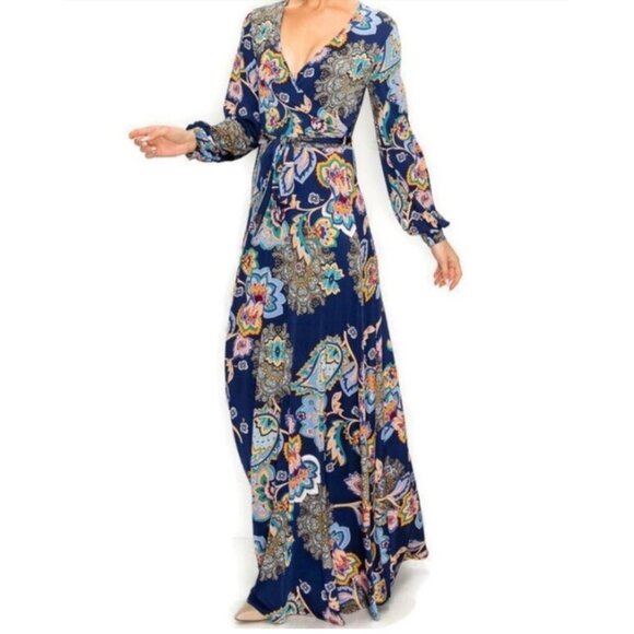 Janette Fashion Navy Paisley Bell Long Sleeve Faux Wrap Maxi Dress - Picture 1 of 4